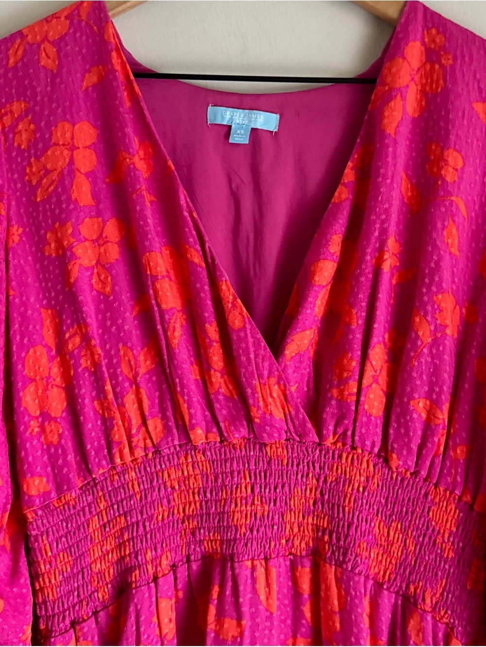 Draper James RSVP Long Sleeve Pink and Orange Floral Cinched Waist Midi Dress - Picture 6 of 8